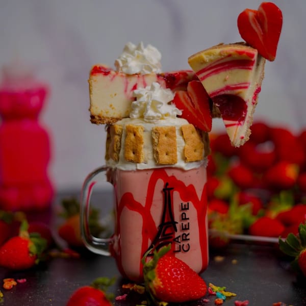 Strawberry milkshake with cheesecake slices, whipped cream, graham crackers, and fresh strawberries.