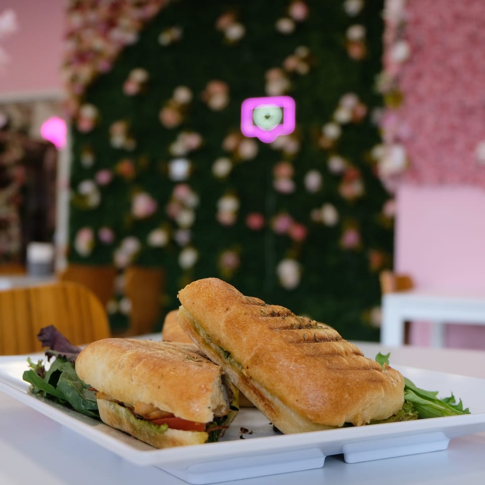 Two paninis with salad on a white plate, with a floral wall and pink decor in the background.